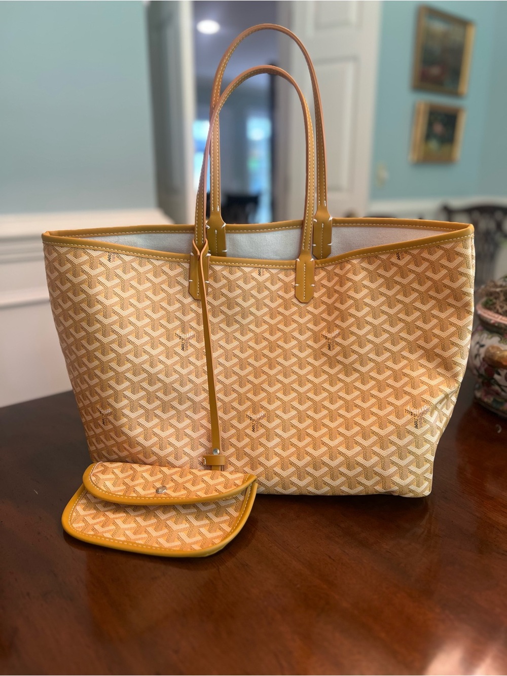 Coated Canvas Patterned Tote Bag with attached pouch